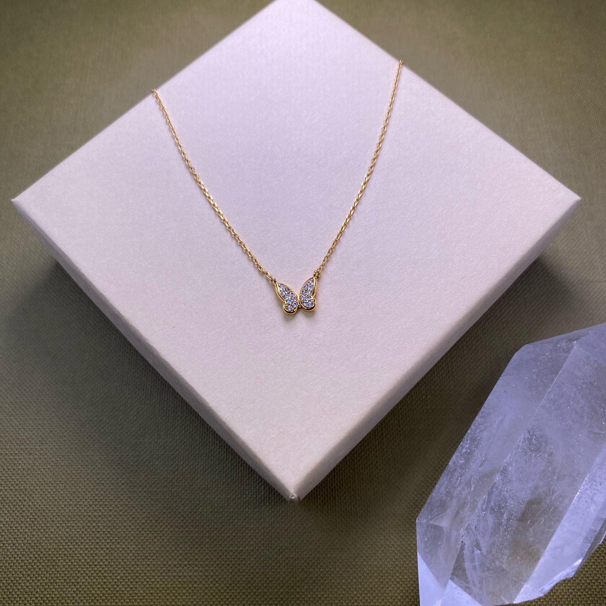 Dainty Diamond Butterfly Yellow Gold Pendant Necklace